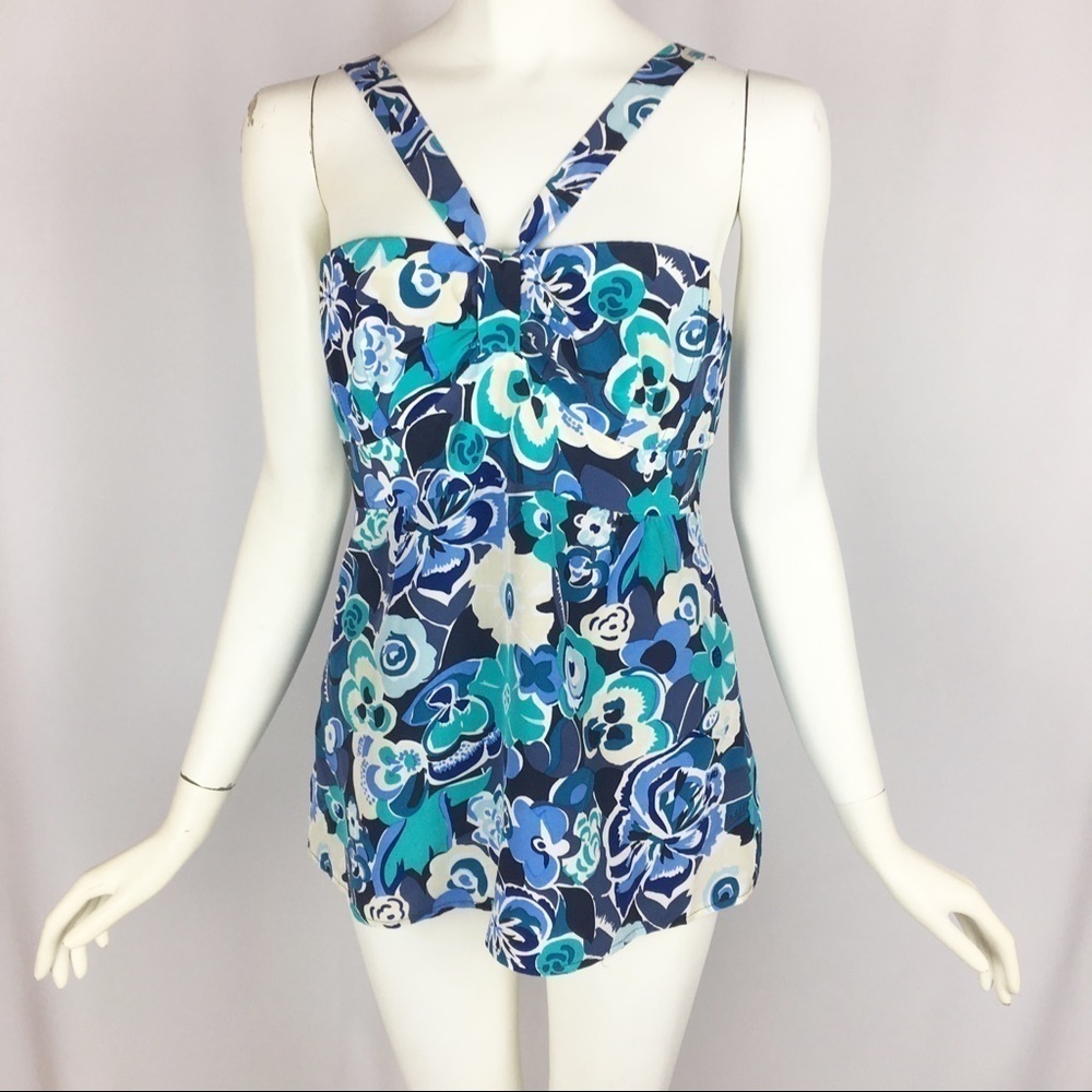 Nanette Lepore Blue Green Floral Bustier Style 100% Silk Tank Top Size 6